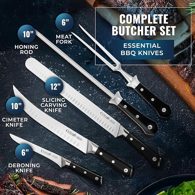 Cutluxe 5-Piece Butcher Knife Set ??Slicing Carving Knife Set for Meat Cutting, Ultra Sharp German Steel, Full Tang, Ergonomic Handles ??Artisan Series