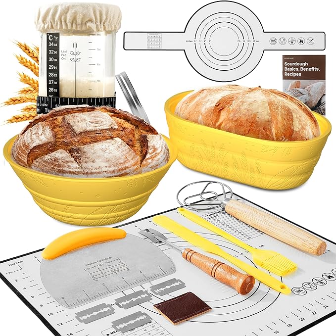 Sourdough Starter Kit with Jar ??Complete Sourdough Bread Baking Supplies for Beginners, Includes 2 Silicone Proofing Baskets Baking Mat Sour Dough Kit - Yellow