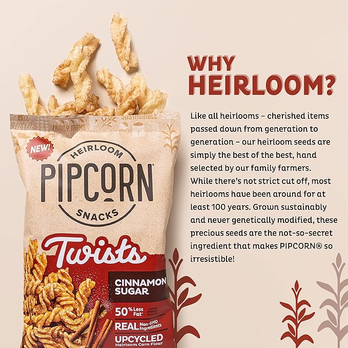 Heirloom Cinnamon Sugar Twists by Pipcorn - 1oz 24pk - Healthy Snacks, Gluten Free Snacks, Snack Packs, Upcycled Heirloom Corn Flour, Individually Wrapped