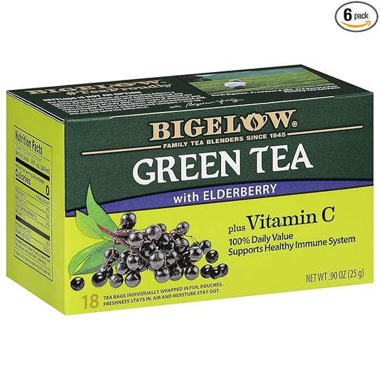 Bigelow Tea Green Tea with Elderberry Plus Vitamin C, Caffeinated Tea with Elderberry, 18 Count Box (Pack of 6), 108 Total Tea Bags