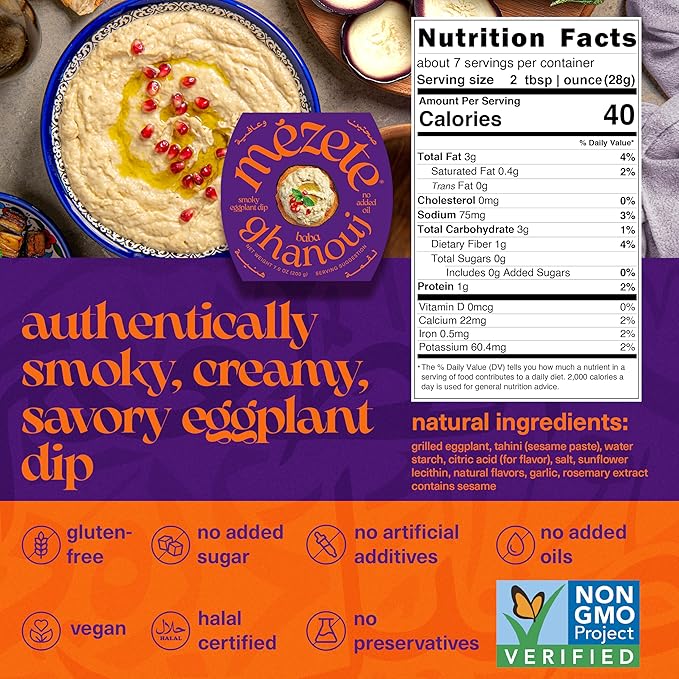 Mezete Cholesterol-Free Dip | All-Natural Baba Ganoush | Shelf-Stable | Ready to Serve | Smoky Flavor | No Added Oils | Roasted Eggplant | Non-GMO | Gluten Free | 180g