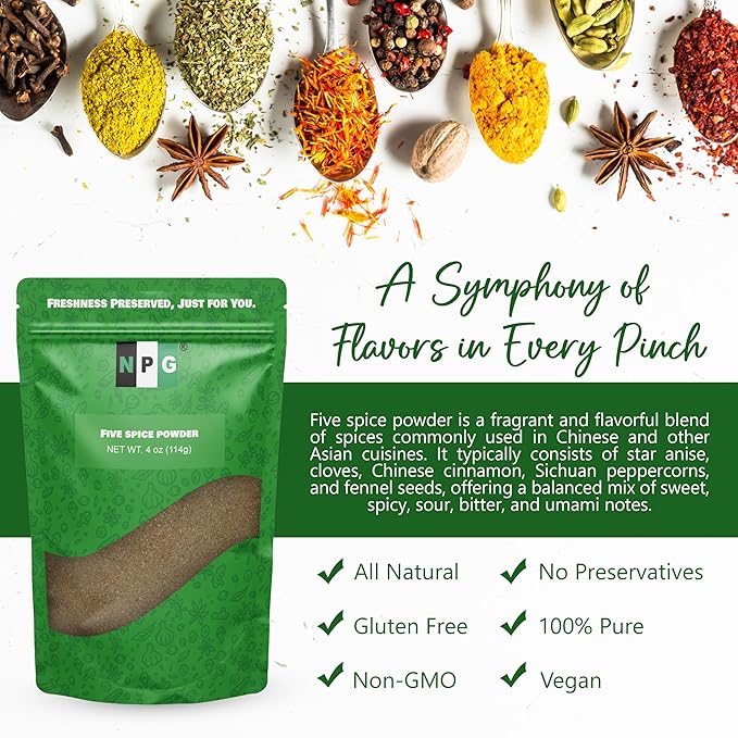 NPG Authentic Chinese Five Spice Powder 4 Ounces, Gluten Free, All Natural Ground Chinese 5 Spice Powder, No Preservatives No MSG, Mixed Spice Seasoning for Asian Cuisine & Stir Fry