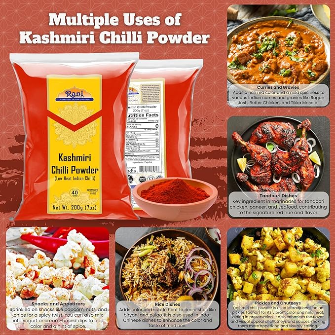 Rani Kashmiri Chilli Powder (Deggi Mirch, Low Heat) Ground Indian Spice 7oz (200g) ~ All Natural, Salt-Free | Vegan | No Colors | Gluten Friendly | NON-GMO | Kosher | Indian Origin