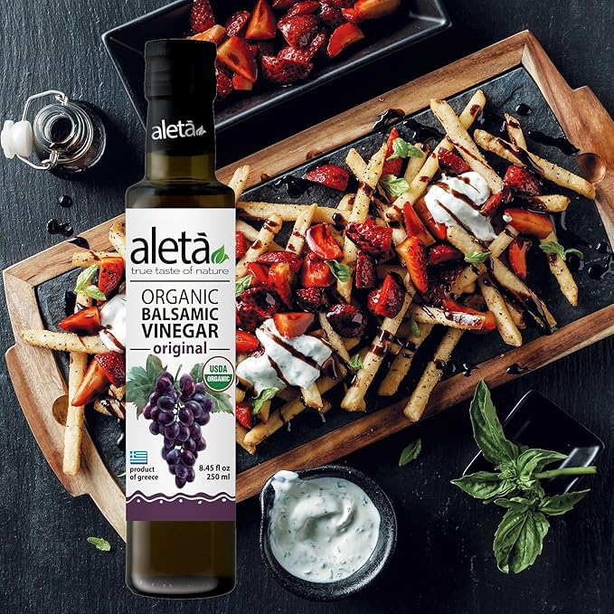 Aleta Farms Balsamic Vinegar, USDA Organic, Aged Flavored Vinegar, Perfect for Salad Dressings, Pasta, Desserts & Cocktails, Glass Bottle, 8.45 fl oz (Plain)