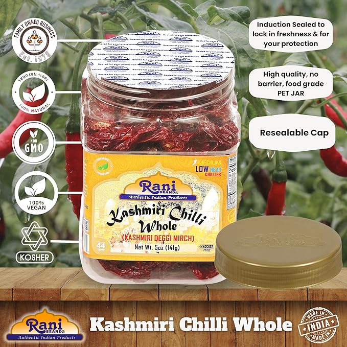 Rani Kashmiri Chilli Whole (Deggi Mirch, Low Heat) 5oz (141g) PET Jar ~ Natural | Salt-Free | Vegan | No Colors | Gluten Friendly | NON-GMO | Kosher | Indian Origin