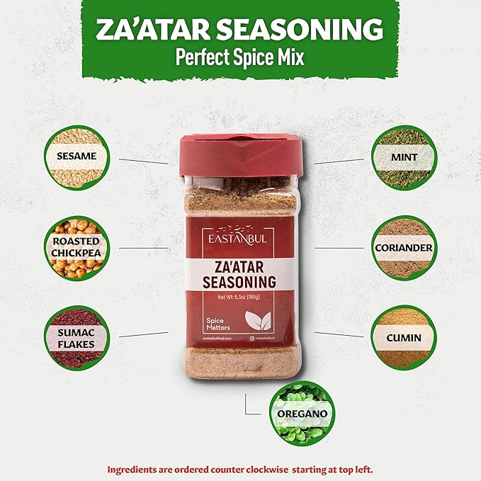 Eastanbul Zaatar Seasoning, 6.3oz, Za'atar, Zaatar Spice from Middle Eastern Spices, Perfect for Mediterranean Seasoning Blends, AKA Zahter, Zatar, Za atar, Za' atar Spice, No MSG, Sodium Free