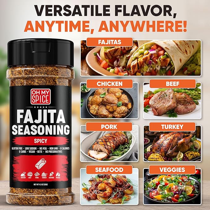 Fajita Seasoning Mix Spicy Chili Powder - Gluten Free & Low Sodium Mexican Seasoning Blend for Meat, Vegetables, Steak & Chicken Fajita. Taco Seasonings Mix Spices. Hot Fajitas Seasonings Spice. 4.5oz