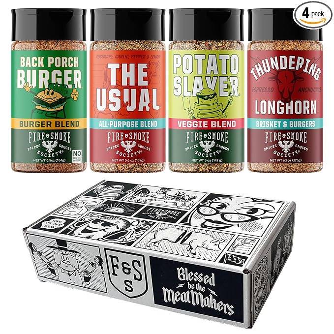 Fire & Smoke Society Burger & Fries Seasoning Variety Pack | BBQ Rubs and Seasonings for Smoking and Grilling | Gifts for Dad, Grilling Accessories, Large (4-Pack)