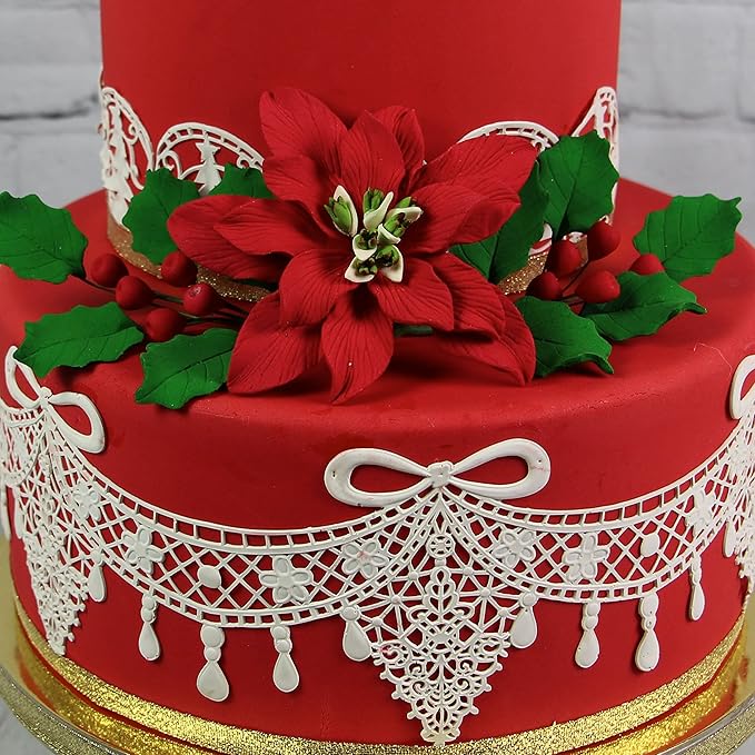 Global Sugar Art Large Poinsettia Christmas Kit Sugar Cake Flowers & Holly Leaf Sprays, 3 Piece Set by Chef Alan Tetreault. Perfect for Christmas Cake Decorations, Yule Logs and more.