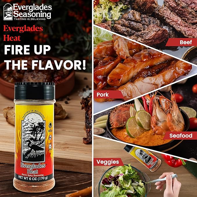 Everglades Heat Seasoning Spicy Blend for Chicken Wings, Chili, Fish & Fries, Add Zest with Red Pepper Heat Made in the USA 6 oz