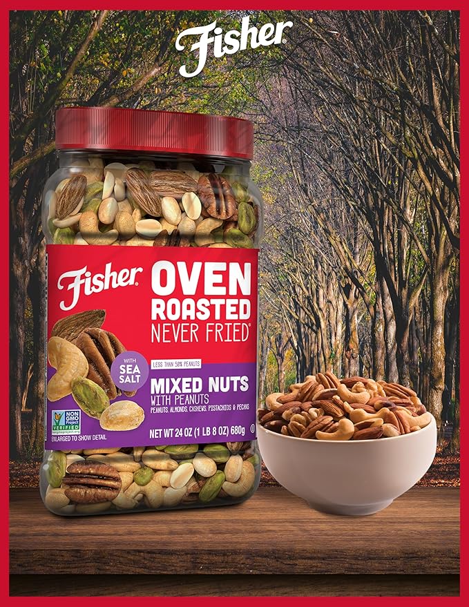Fisher Oven Roasted Never Fried Mixed Nuts with Peanuts, 24 Ounces (Pack of 1), Peanuts, Almonds, Cashews, Pistachios, Pecans, Trail Mix, Healthy Snacks for Adults, Made With Sea Salt, No Added Oils