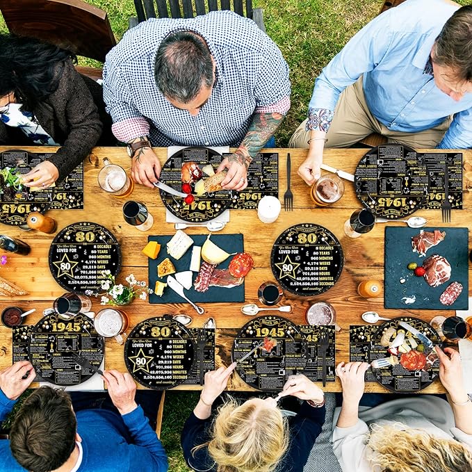 96Pcs 80th Birthday Plates and Napkins Back in 1945 Party Decorations Black Gold 80 Year Old Cake Dessert Plates 1945 Tableware for 24 Guests 80th Theme Men Woman Birthday Party Supplies