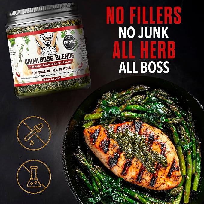 Chimi Boss Blends Infierno Chimichurri Dry Seasoning, 4 oz – Spicy Argentinian Herb & Chili Rub with Parsley, Garlic & Oregano – All Natural Dry Mix for Seasoning or DIY Sauce – Made in USA