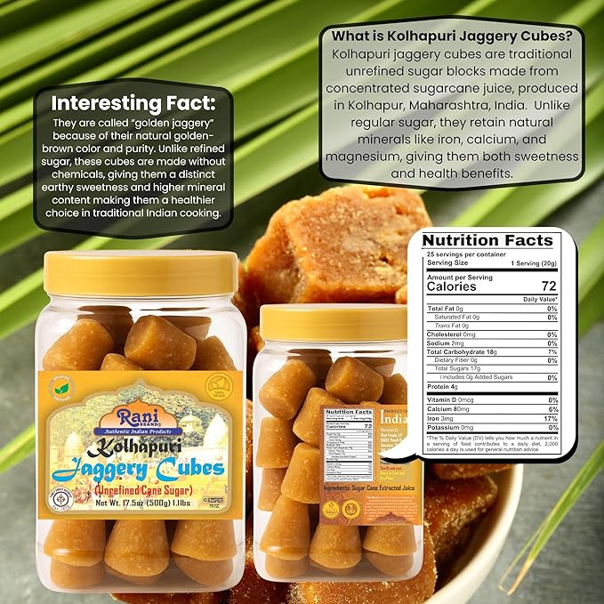 Rani Kolhapuri Jaggery Cubes (Unrefined Cane Sugar) 17.5oz (1.1lbs) 500g PET Jar ~ All Natural, No Color added, Gluten Friendly | Vegan | NON-GMO | Kosher | No Salt or fillers