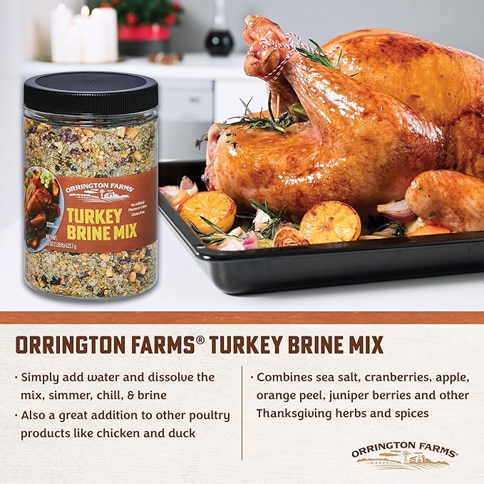 Orrington Farms Turkey Brine Mix | Savory Blend of Sea Salt, Cranberries, Sage, Juniper Berries & More | Brine Turkeys up to 25 Pounds | No Artificial Flavors or Colors | Gluten Free | 22 oz Jar