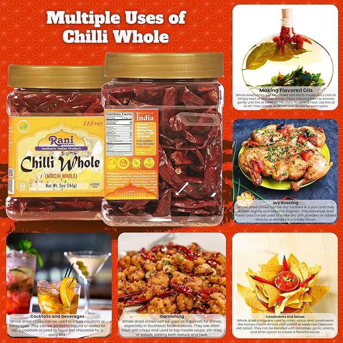 Rani Chilli Whole (Lal Mirch Sabut) 5oz (141g) PET Jar ~ All Natural, Salt-Free | Vegan | No Colors | Gluten Friendly | NON-GMO | Kosher | Indian Origin