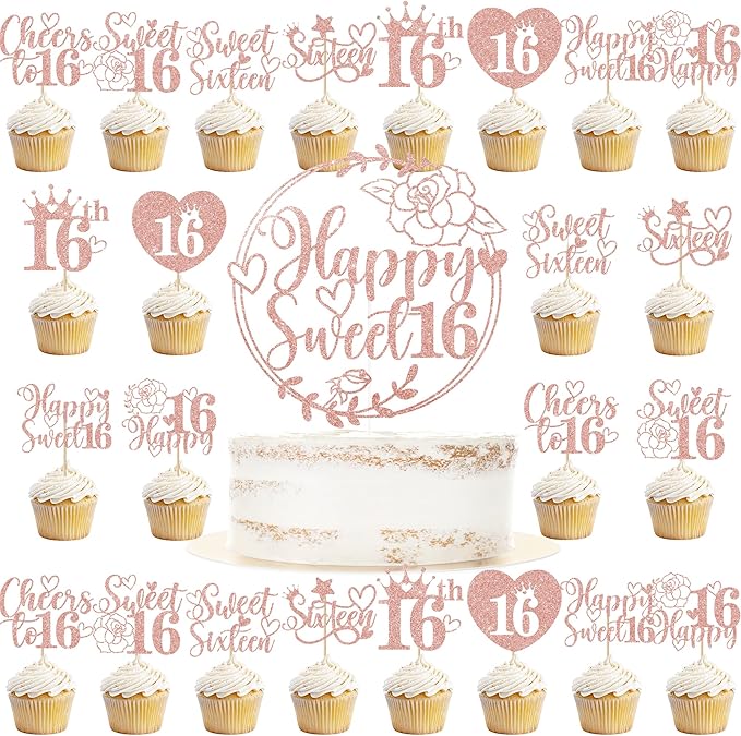 Sweet 16 Cake Topper - Sixteen Cupcake Picks Decorations 25 Pcs Pink Glitter Happy Sweet Sixteen Cake Toppers Rose Gold Party Cupcake Decor for 16 Years Birthday Party Decoration Supplies
