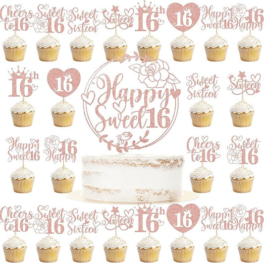 Sweet 16 Cake Topper - Sixteen Cupcake Picks Decorations 25 Pcs Pink Glitter Happy Sweet Sixteen Cake Toppers Rose Gold Party Cupcake Decor for 16 Years Birthday Party Decoration Supplies