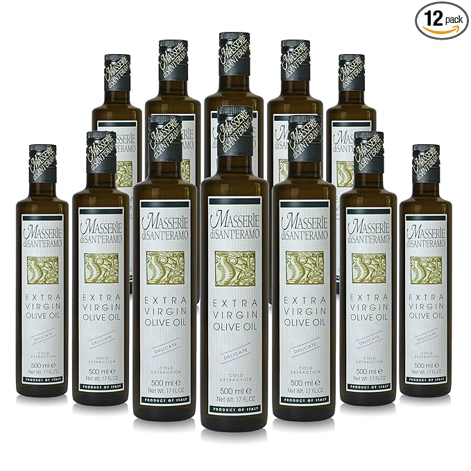 Delicate Italian Extra Virgin Olive Oil Cold Pressed - Light Olive Oil for Cooking and Frying, Imported from Italy - Masserie di Sant'Eramo - 16.9 Fl Oz (Pack 12)
