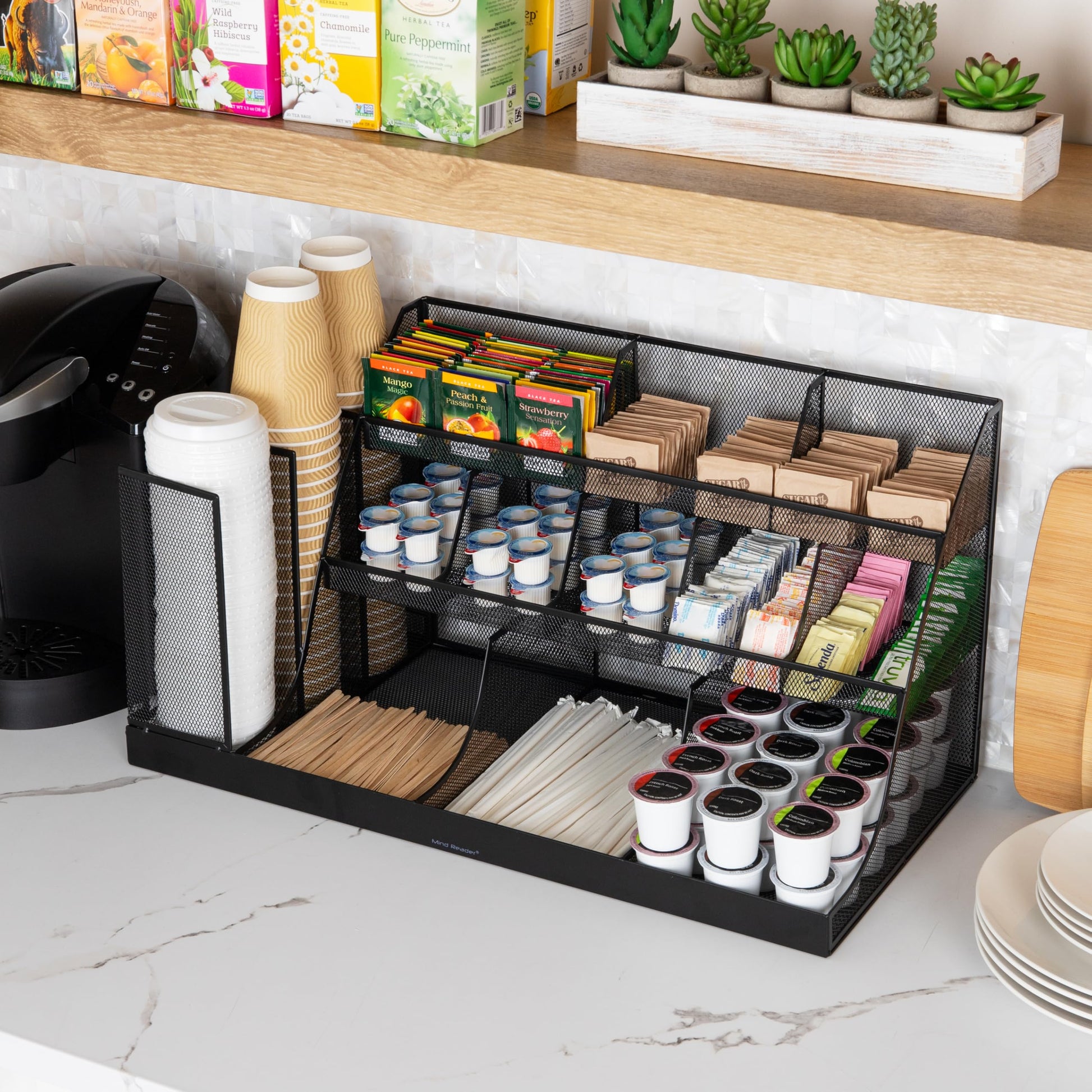 Mind Reader Cup and Condiment Station, Breakroom Countertop Organizer, 3-Tier Storage for Office