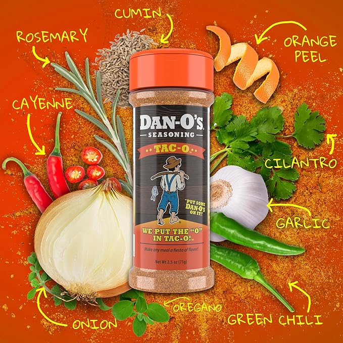 Dan-O's Tac-O Seasoning, 2.5 oz Bottle, All Purpose Taco Seasoning for Tacos, Quesadillas, Ground Beef, Guac and More, Sugar Free, Zero Calorie, Use this Spice Blend for a Flavorful Kick to Any Dish