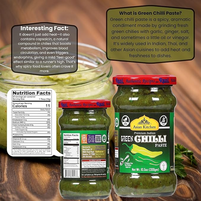 Asian Kitchen Green Chilli Cooking Paste 10.58oz (300g) Glass Jar ~ Vegan | Gluten Free | NON-GMO | No Colors | Indian Origin