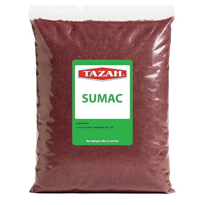 Tazah Sumac Spice - 5 Pounds Ground Sumac Seasoning from Jordan - Essential Ingredient for Mediterranean and Middle-Eastern Cuisine - Perfect for Marinades, Dry Rubs, Kabobs, and Dressings