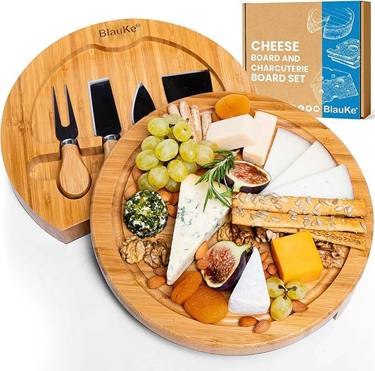 BlauKe Bamboo Cheese Board and Knife Set - 10 inch Round Charcuterie Board, Serving Tray, Platter, Wood Cheese Set - Gift Idea