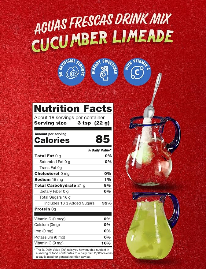 Klass Aguas Frescas | Drink Mix Cucumber Limeade | Flavors From Natural Sources, No Artificial Flavors, With Vitamin C (Makes 7 to 9 Quarts) 14.1 Oz Family Pack (4-Pack)