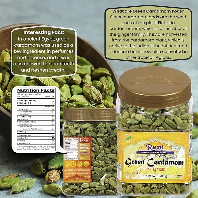 Rani Green Cardamom Pods Spice (Hari Elachi) 14oz (400g) PET Jar ~ All Natural | Vegan | Gluten Friendly | NON-GMO | Product of India
