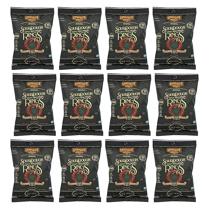 Unique Snacks Sourdough Craft Beer Pretzel Rings, Delicious Homestyle Baked Snack Bag, Vegan, OU Kosher, and Non-GMO Food, No Artificial Flavor, 2.12 Oz. Bag, Pack of 12