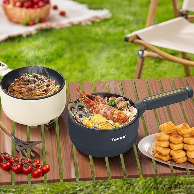 TOPWIT Hot Pot Electric, 2L Multifunctional Electric Pot, Non-Stick Saut챕 Pan, Portable Pot for Steak, Egg, Fried Rice, Ramen, Soup with Dual Power Control (Silicone Spatula Included), Beige