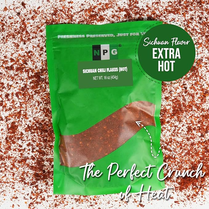 NPG Authentic Sichuan Chili Flakes 16 Oz, Extra Hot, Szechuan Crushed Red Pepper Flakes Bulk, Essential Spice Seasoning for Making Kimchi, Chili Oil, Stir-fry, Pizza, Salads, and Tacos