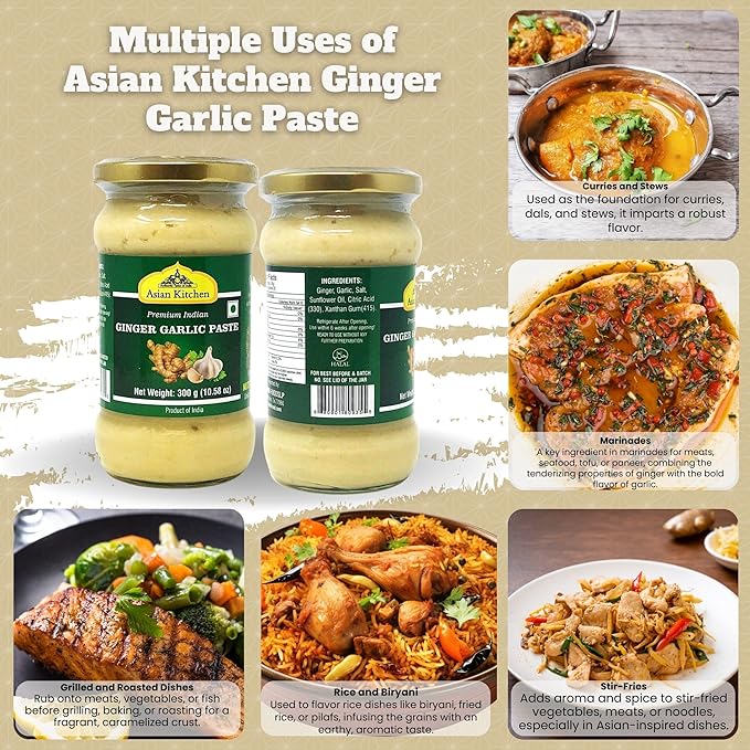 Asian Kitchen Ginger Garlic Cooking Paste 10.5oz (300g) Glass Jar ~ Vegan | Gluten Free | NON-GMO | No Colors | Indian Origin
