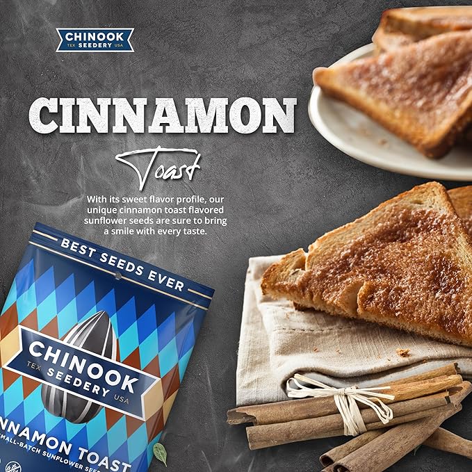 Chinook Seedery Roasted Jumbo Sunflower Seeds - Keto Snacks - Best For Snack Packs - Gluten Free, Non GMO Snack Food Gifts - 4 ounce (Pack of 12) - Cinnamon Toast Flavor