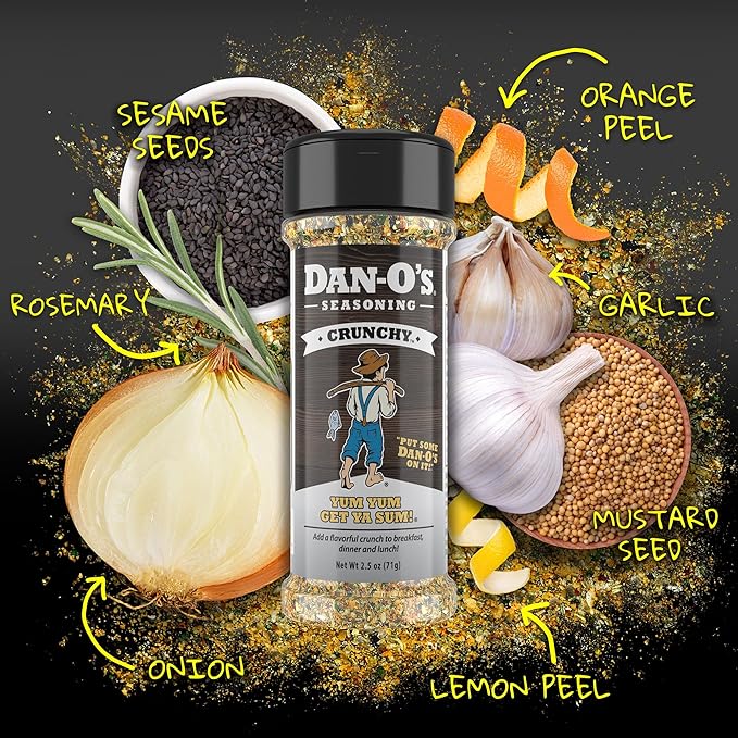 Dan-O's Crunchy Seasoning, 2.5 oz Bottle, Everything Seasoning for Fish, Eggs, Salads, Veggies and More, Sugar Free, Zero Calorie, Use this Spice Blend for Everything from Breakfast to Dinner