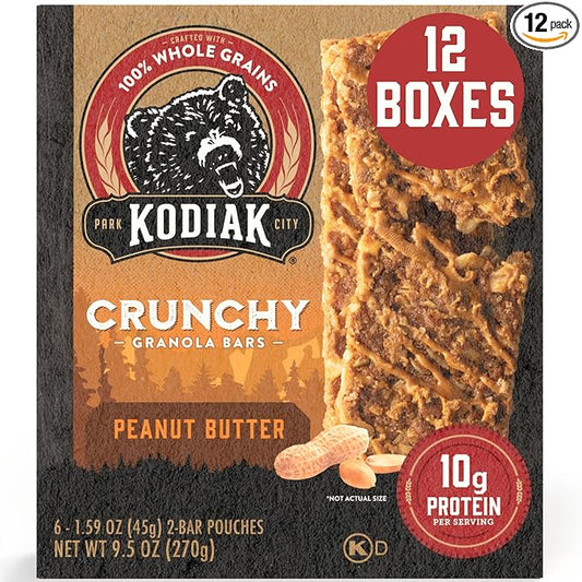 Kodiak Cakes Protein Crunchy Granola Bar, Peanut Butter, (Pack of 12 Boxes)