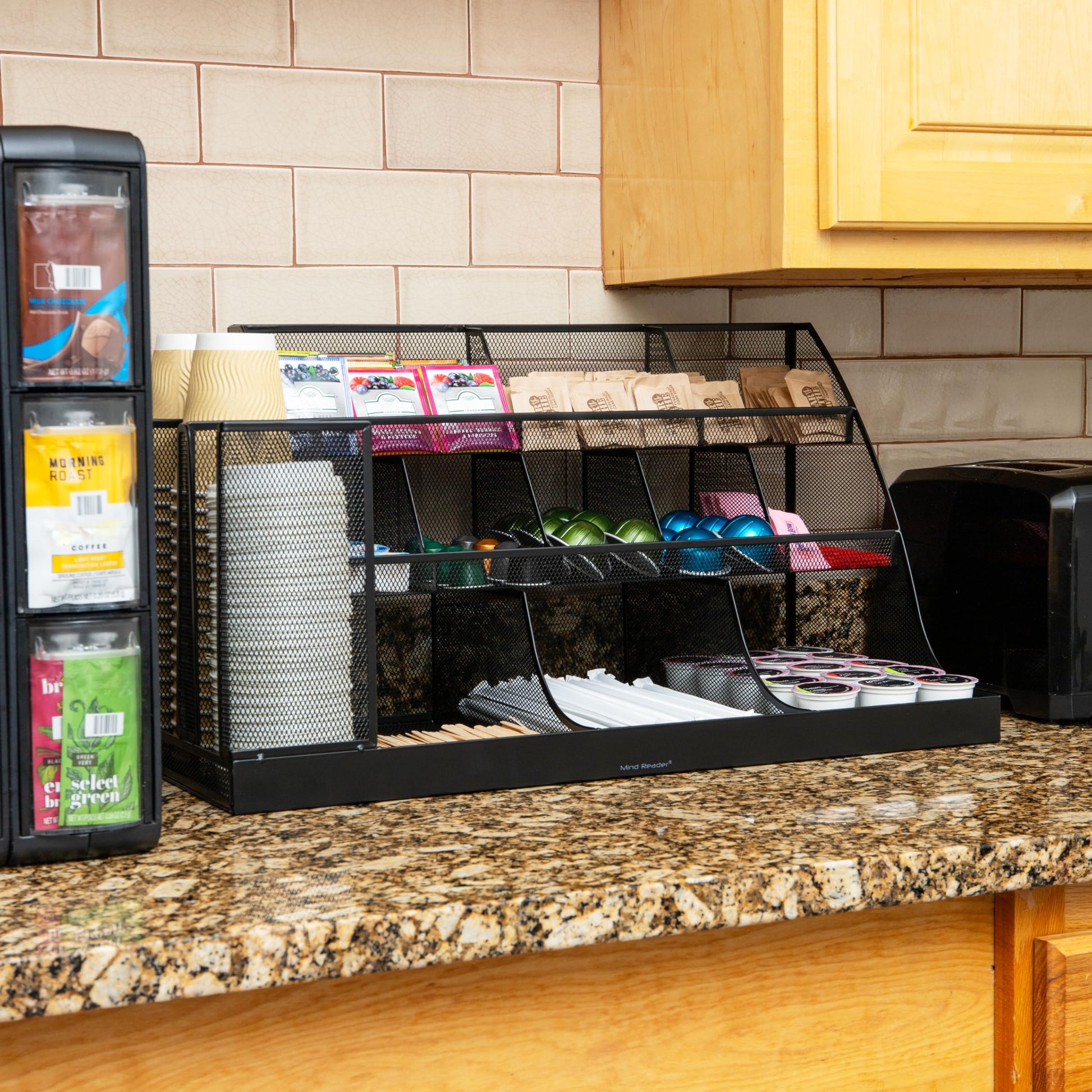 Mind Reader Cup and Condiment Station, Breakroom Countertop Organizer, 3-Tier Storage for Office