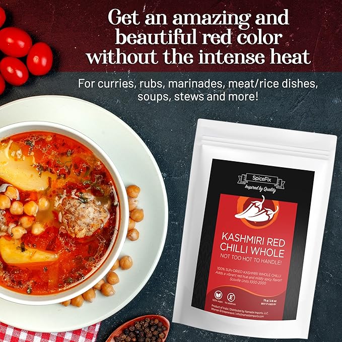 SpiceFix - Whole Kashmiri Red Chilli Pepper, Mild to Medium Heat Natural Stemless Chillies, Sun-Dried Red Pepper, Indian Dried Chili Peppers in a Resealable Bag, 2.6 Ounces