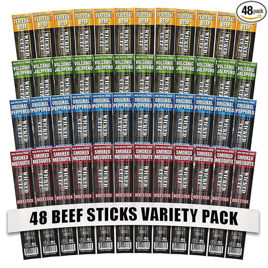 Wicked Cutz Beef Sticks Variety Pack, 4 Flavors & 15g Protein Per Meat Stick, Tender & Easy to Chew USA Made High Protein Meat Sticks, Extra Large Beef Stick, Carnivore Snacks (48 Pack)