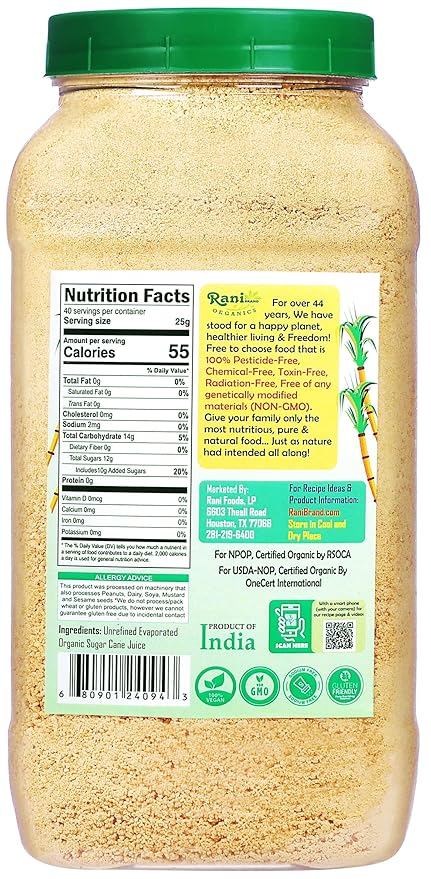 Rani Organic Jaggery Shakkar (Unrefined Evaporated Organic Sugar Cane Juice) 35oz (1kg) PET Jar ~ Gluten Friendly | Vegan | NON-GMO | No Salt or fillers | Indian Product | USDA Certified Organic