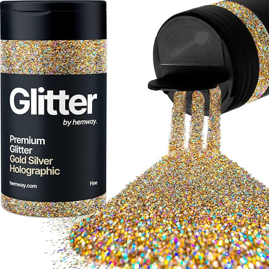 Hemway Premium Glitter Shaker - Gold Silver Holographic | 130g Fine Metallic Flake Sequins for Resin & Epoxy Crafts | Craft Supplies for Tumblers, Festival, Art