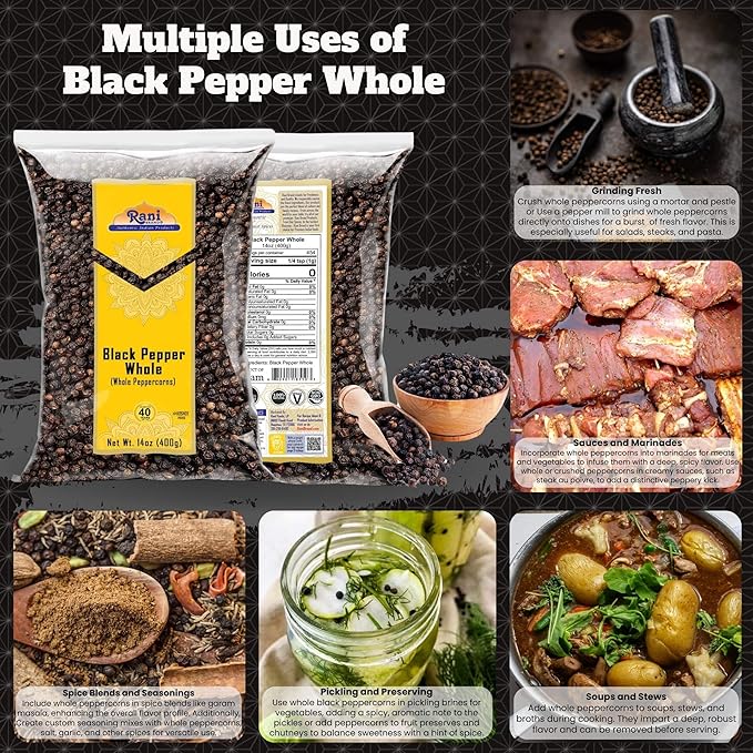Rani Black Pepper Whole (Peppercorns), Premium MG-1 Grade 14oz (400g) ~ All Natural | Gluten Friendly | Non-GMO | Kosher | Product of Vietnam | Perfect size for Grinders!
