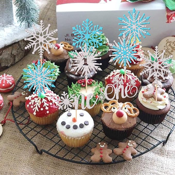 28 PCS One Snowflake Cupcake Toppers Glitter Winter Snowflake 1st Birthday Cupcake Picks First Birthday Snowflake Cake Decorations for Winter Wonderland Theme Baby Shower 1st Birthday Party Supplies