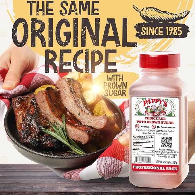 New Pappy's Choice Rub With Brown Sugar. Perfect for bbq and smoked brisket, steak, beef, chicken, fajita, seafood, veggies, rotisserie, fried, roast pulled and slow cooked meats and more - A NEW twist on a 30+ year seasoning recipe.
