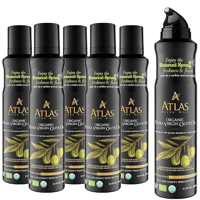 Cooking Oil by Atlas, Extra Virgin Olive Oil Spray, Dual Function Spray and Stream, 5.4 fl oz, 6 Pack Non Stick, Polyphenol Rich Moroccan EVOO, Cold Pressed, Hydroxytyrosol Keto