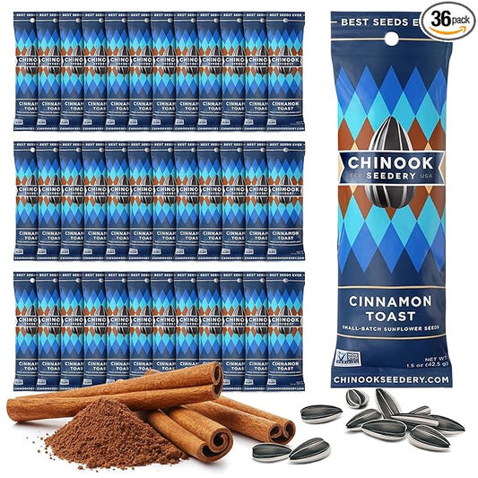 Chinook Seedery Roasted Sunflower Seeds to Eat - 1.5 oz (Pack of 36) Cinnamon Toast - Jumbo Low Sodium Sunflower Seeds Keto Snacks - Adventure, Baseball, School Snacks - Gluten Free, Non GMO Snacks