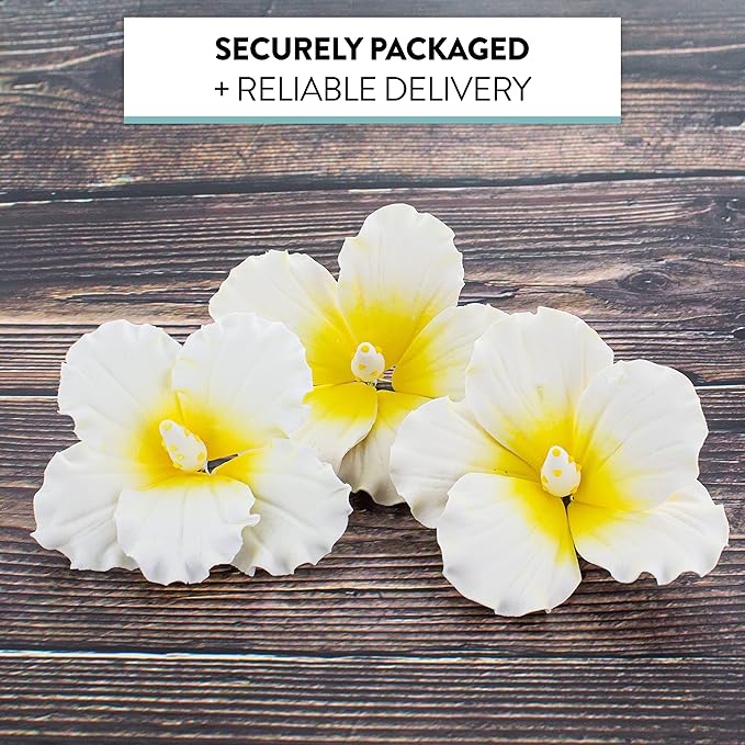 Global Sugar Art Hibiscus Sugar Cake Flowers, White with Yellow, Hawaiian Cake Flower Large 3 Count by Chef Alan Tetreault