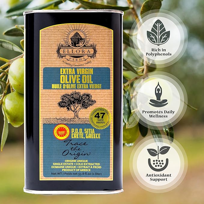 Ellora Farms, Certified PDO Extra Virgin Olive Oil, Single Estate, Single Origin, Single Variety, Cold Press & Traceable Olive Oil, Crete, Greece, Kosher SITIA 33.8 Fl Oz (Pack of 2)