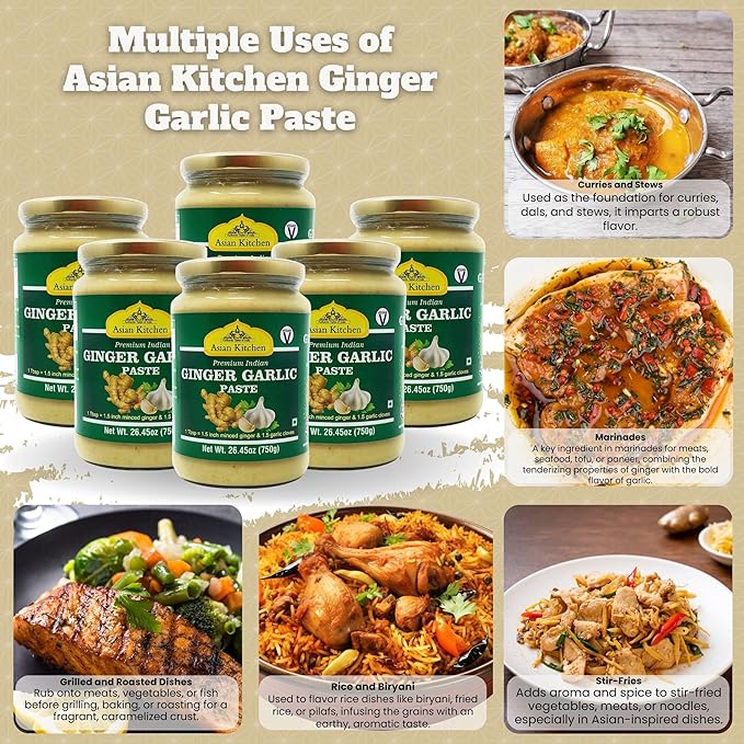 Asian Kitchen Ginger Garlic Cooking Paste 26.5oz (750g) Glass Jar, Pack of 5+1 FREE ~ Vegan | Gluten Free | NON-GMO | No Colors | Indian Origin
